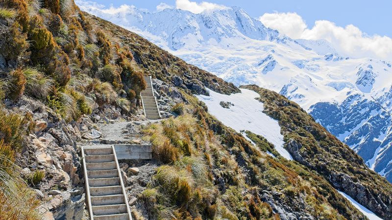 Wooden staircase trail climbing a rocky, tussock-covered slope with snow-capped peaks in the distance